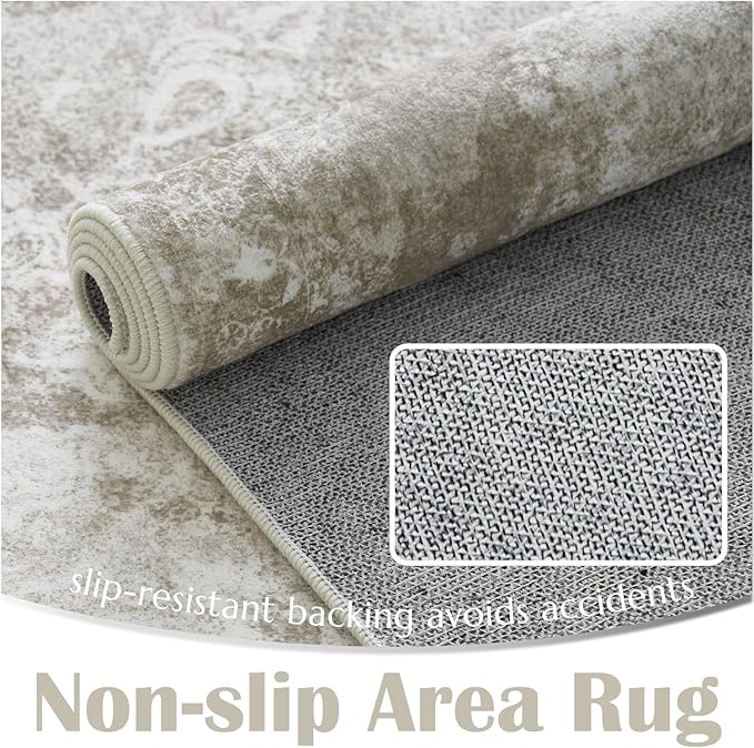jinchan Washable Area Rug 8x10 for Living Room - Soft Faux Wool Ultra-Thin Stain Resistant Non-Slip Distressed Vintage Floral Large Carpet for Bedroom,Dining Room,Home Office,Nursery(Brown, 8'x10')