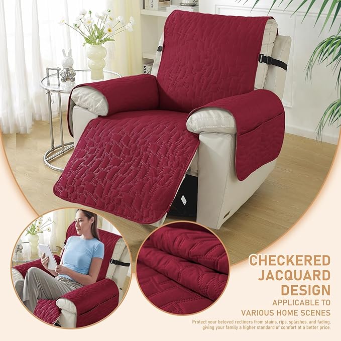 100% Waterproof Recliner Chair Covers for Reclining Chair, Small Recliner Covers That Stay in Place, Non-Slip Recliner Armchair Cover with Pockets for Kids, Pets, Dogs, Cat, Washable,Red,23IN