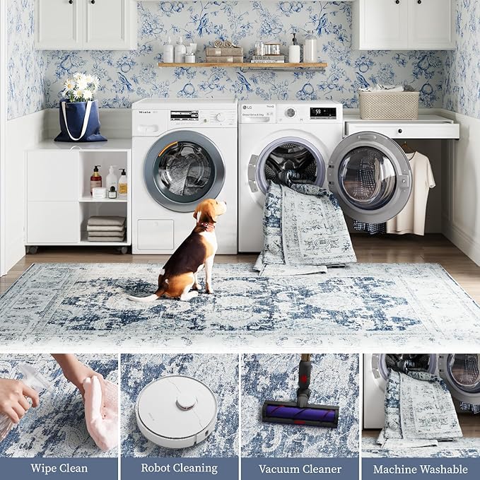 jinchan Runner Rug 2x6 Washable Hallway Runner - Vintage Floral Non Slip Low-Pile Soft Thin Kitchen Rug Distressed Carpet for Farmhouse Bedroom Entryway Laundry Room(2x6ft,Dark Blue)