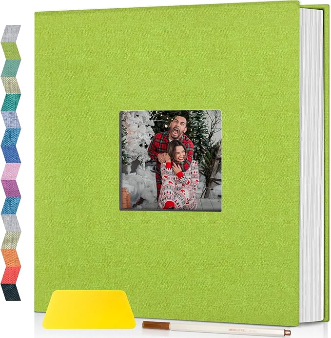 Popotop Photo Album Self Adhesive with Picture Display Window,60 Pages DIY Scrapbook Album for 4x6 8x10 Picture,Linen Cover Memory Book for Baby Wedding, with Scraper and Metallic Pen
