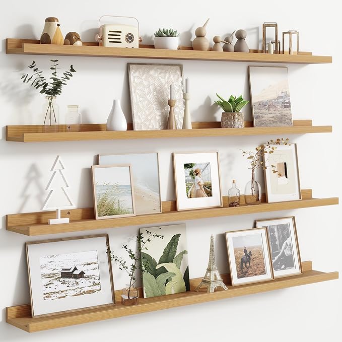 Floating Picture Ledge Shelves for Wall Set of 4, 48 Inch Wall Shelves with Lip Long Large Nursery Book Shelf for Toys Storage Kids Bookshelf Wall Mounted Living Room Bedroom Decor Frames