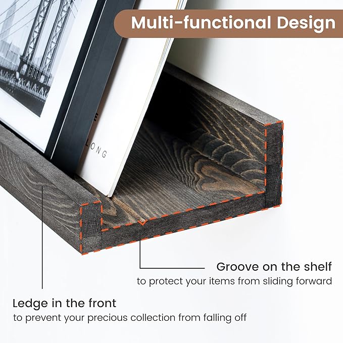 Picture Ledge Wall Shelves 16 inches Width Set of 3, Solid Pine Wood Rustic Floating Ledge Shelves for Wall for Kids' Room Bedroom Kitchen Bathroom Living Room Nursery Display Decor, Grey