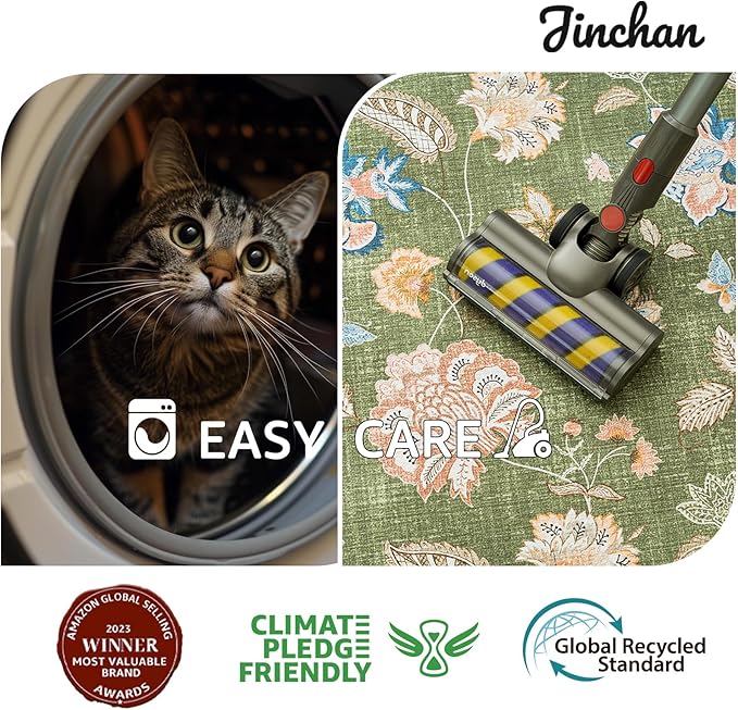 jinchan 8x10 Floral Rug for Living Room Washable Bedroom Rug Vintage Romance Design Non Slip Thin Indoor Floor Cover Large Low-Profile Throw Carpet for Dining Room Office, Green