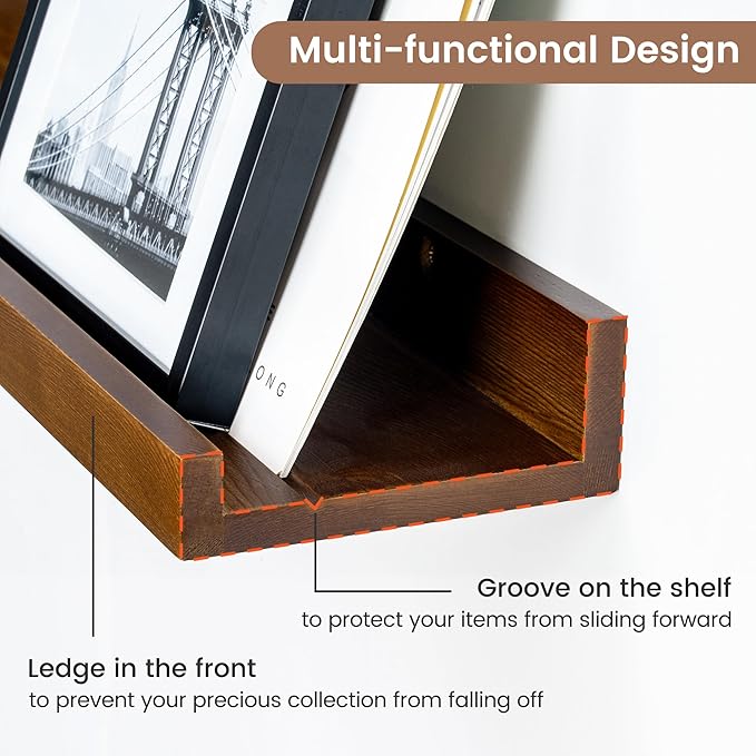 Picture Ledge Wall Shelves 48 Inches Width Set of 3, Solid Pine Wood Rustic Floating Ledge for Kids' Room Bedroom Kitchen Bathroom, Long Floating Shelves for Wall Decor, Walnut