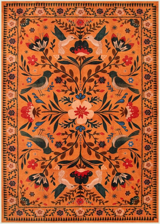 Moynesa Washable Area Rugs 5x7, Ultra Thin Soft Rugs for Living Room Bedroom Non Slip, Indoor Boho Bird Patterned Orange Floral Throw Carpet for Playroom Office Kitchen Stain Resistance