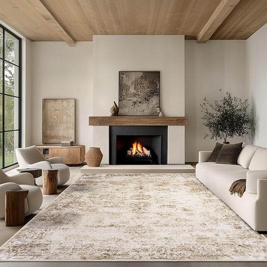 9x12 Area Rug Living Room Rugs - Washable Rug Large Modern Abstract Soft Thin Carpets Indoor Floor No Slip Vintage Carpet for Bedroom Under Dining Table Nursery Home Office Decor Beige