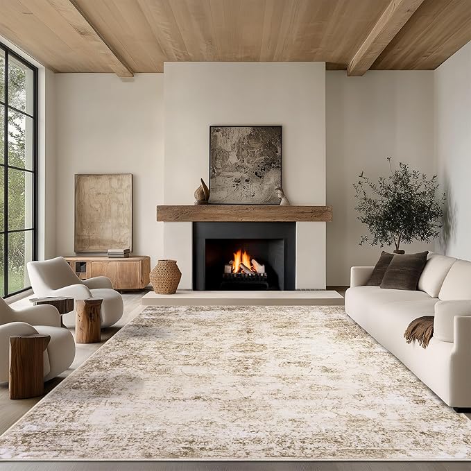 8x10 Area Rug Living Room Rugs - Washable Rug Large Modern Abstract Soft Thin Carpets Indoor Floor No Slip Vintage Carpet for Bedroom Under Dining Table Nursery Home Office Decor Beige