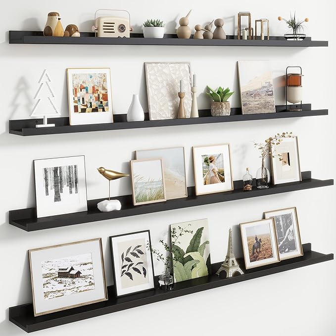 Floating Picture Ledge Shelves for Wall Set of 4, 56 Inch Wall Shelves with Lip Long Large Nursery Book Shelf for Toys Storage Kids Bookshelf Wall Mounted Living Room Bedroom Decor Frames