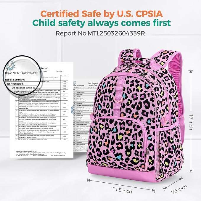 Choco Mocha Cheetah Backpack for Girls, Elementary School Backpack for Girls Ages 6-8 Kids Kindergarten Backpack Bookbag 17 Inch with Chest Strap, Pink Purple