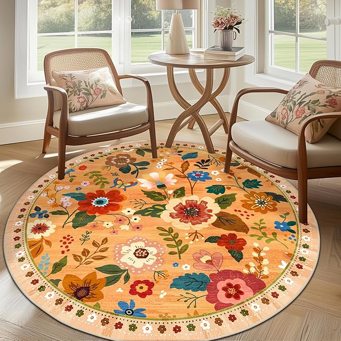 Floral 4ft Area Rug Machine Washable Soft Print Boho Carpet Non Slip Doormat Low Pile Flower Area Rugs for Living Room Bedroom Nursery Kitchen Dining Room Indoor-Yellow/Orange