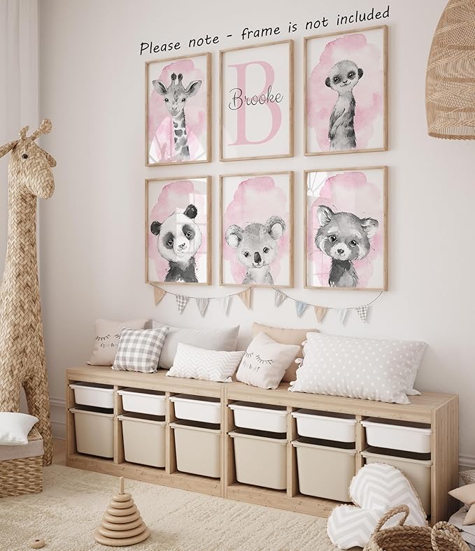 Safari Animals Set of 6 Unframed Poster Prints for Baby Girls Nursery Bedroom Playroom, Personalized Name, Choice of 12 Animals, Pink Purple (12x16)