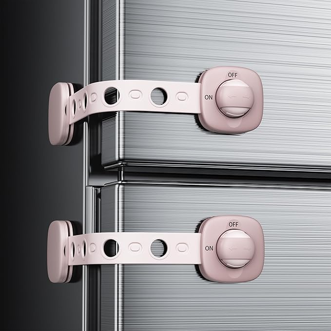 2 Pack Cabinet Locks/Refrigerator Locks Baby Proofing - Child Proof Locks for Drawer, Refrigerator, Fridge, Toilet Seat-No Screws or Tools Required (2 Pack-Pink Locks)