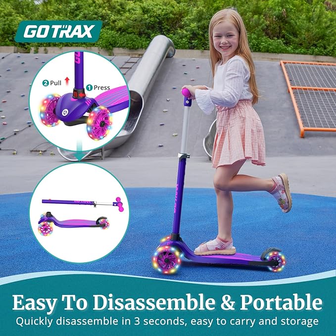 Gotrax KS1 Kids Kick Scooter, LED Lighted Wheels and 3 Adjustable Height Handlebars, Lean-to-Steer & Widen Anti-Slip Deck, 3 Wheel Scooter for Boys & Girls Ages 2-8 and up to 110 Lbs