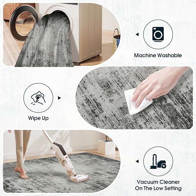 Area Rug 9x12 Washable Rugs: Abstract Large Living Room Rugs with Non-Slip Backing, Stain Resistant Indoor Floor Carpet for Bedroom Dining Room Table Nursery Hallway Home Office-Black/Gray