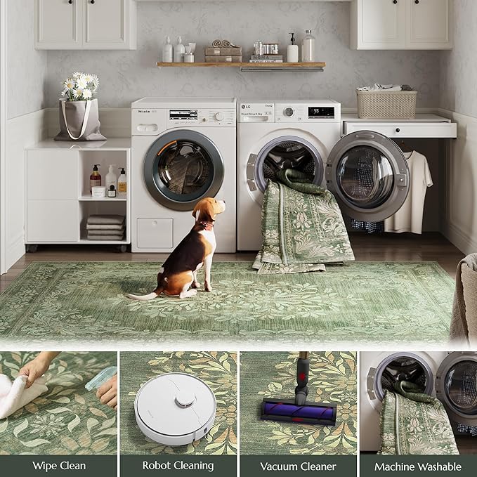 jinchan Floral 6x9 Green Area Rugs for Living Room - Machine Washable Vintage Distressed Design Soft Throw Rug Non-Slip Large Carpet for Bedroom Dining Room Home Office Nursery (6x9ft,Dark Green)