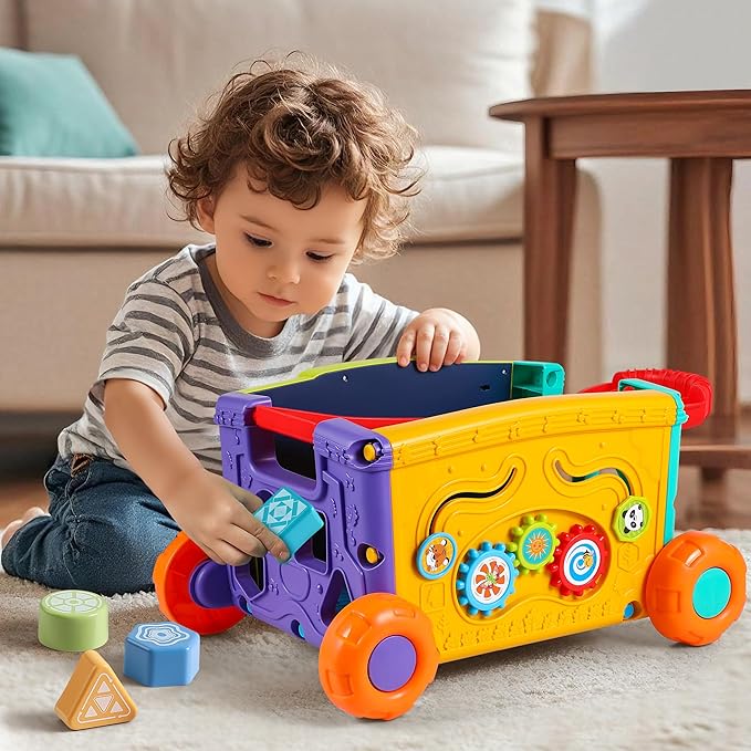 Interactive Learning Push Walker Toy for Toddlers, Musical Activity Wagon with Handle, Educational Rolling Cart with Blocks