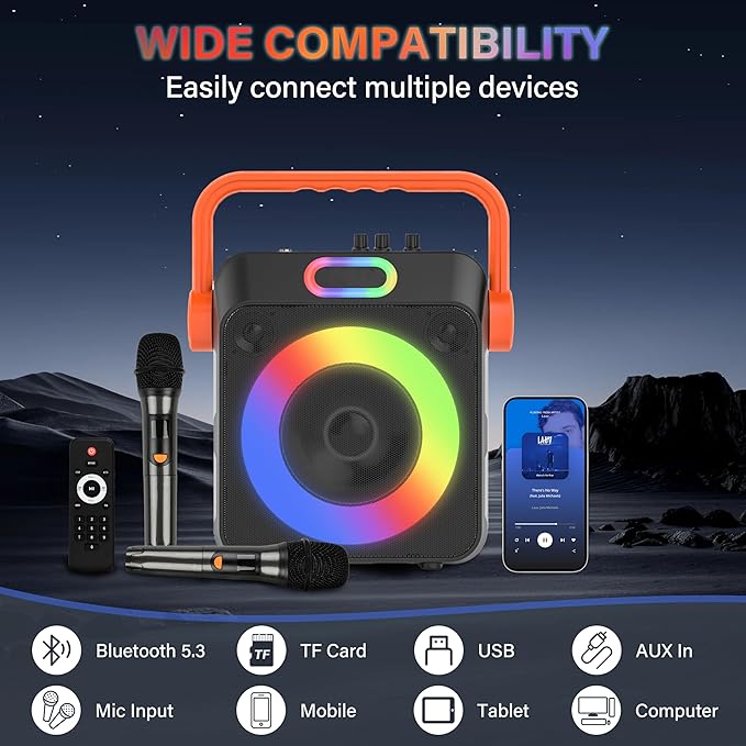 Karaoke Machine with 2 Wireless Microphones, Karaoke Machine for Adults & Kids, Portable Bluetooth Karaoke Speaker with Bass/Treble Adjustment, PA System, LED Lights, Supports TWS/USB/TF/REC/FM/AUX