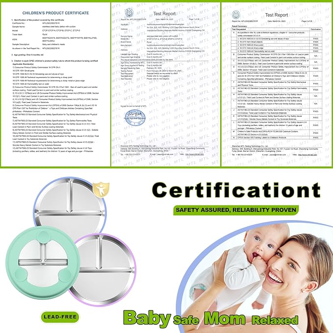 3-Pack Stainless Steel Baby Plates with Suction, BPA-Free Stainless Steel Kids Plates, 9” Divided Toddler Plate for Dishwasher Safe, Non-Slip Silicone Base, Detachable (Blue, Green, Purple)