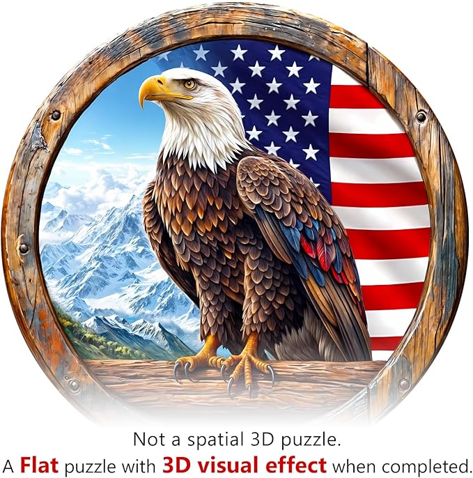KAAYEE Wooden Puzzles for Adults, 3D Vision Effect Bald Eagle Wooden Jigsaw Puzzle Unique Shape Wood Puzzle Adult, 3D Effect Flat Puzzle Birthday Gifts Family Game (L-13.4 * 13.4in-300pcs)