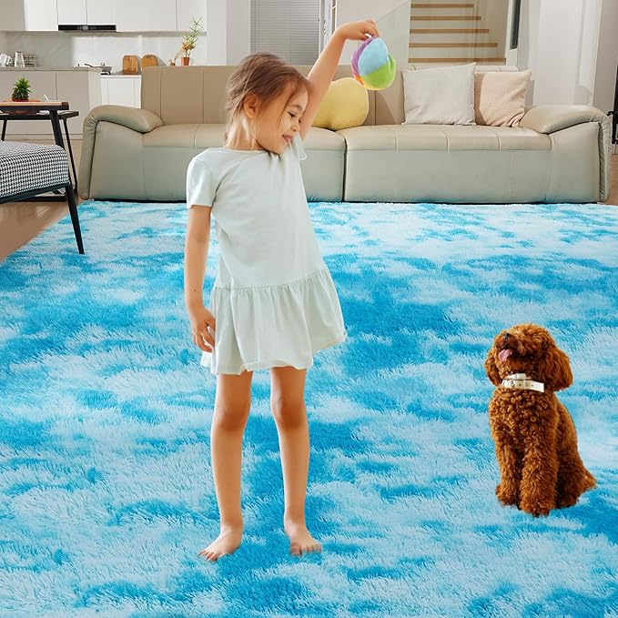 Ultra Soft Rug for Living Room, 4X6 Fluffy Shag Area Rug for Bedroom, Modern Shaggy Carpets Fuzzy Rug for Teens Dorm Nursery Home Decor Aesthetic, Upgrade Anti-Skid Durable, Tie-Dyed Blue