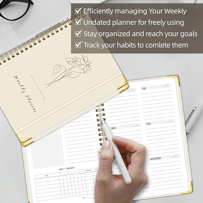 Undated Weekly Planner, Weekly To Do List Notebook with Goal & Habit Tracker Organizer, A5 5.8" x 8.0" Weekly Planner Notebook with Spiral Binding for Men or Women