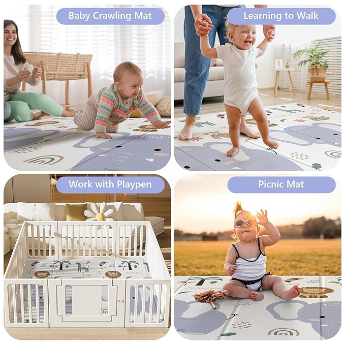 79x71 Foldable Baby Play Mat for Floor, Extra Large Non-Toxic Tummy Time and Crawling Playmat, Thick Foam Play Mat for Baby, Reversible Portable Babies Floor Mats for Infant, Toddler