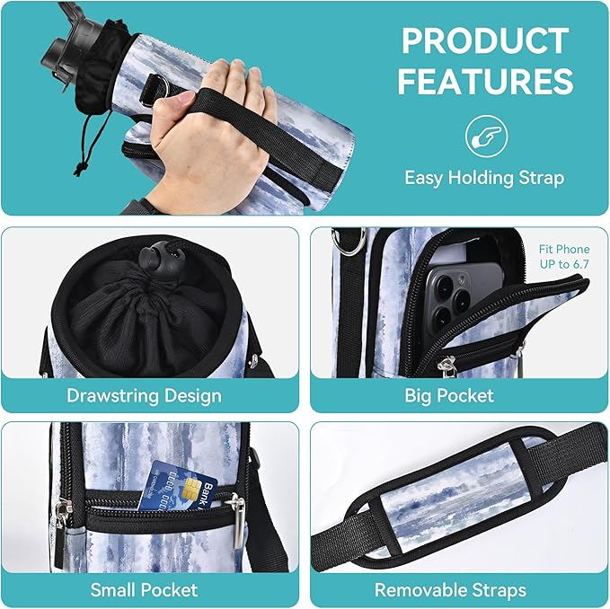 25/32/40/64oz Water Bottle Bag Holder Carrier-Insulated Crossbody Sling Case Sleeve with Strap & Pockets for Men Women Gym Cycling Travel Walking Hiking Camping