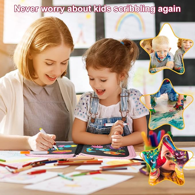 Erasable Book Doodle Set for Kids,Reusable Magic Drawing Book for Kids with 12 Watercolor Pens 14 Page Drawing,Road Trip Car Game Writing Painting Set for Boys and Girls (Pink Unicorn)