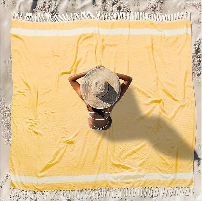 Oversized Turkish Beach Towel Blanket XXL Cotton Sandproof Towels Boho Woven Extra Large Big Sand Free Giant Throw Thick Blankets Huge Quilt XL Picnic Camping Necessities Cloud For Adult Gifts Yellow