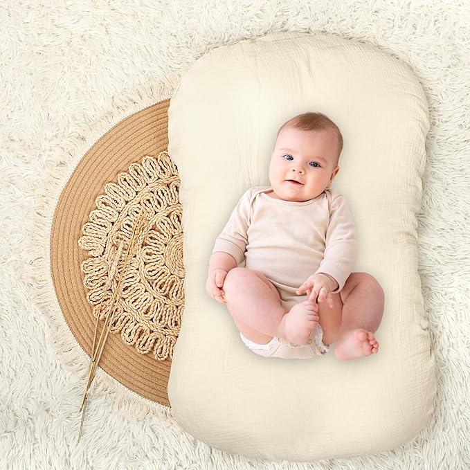 Hooyax Muslin Baby Lounger Cover 1 Pack, 100% Cotton Soft & Breathable Infant Lounger Covers Only for Newborn (Cream)