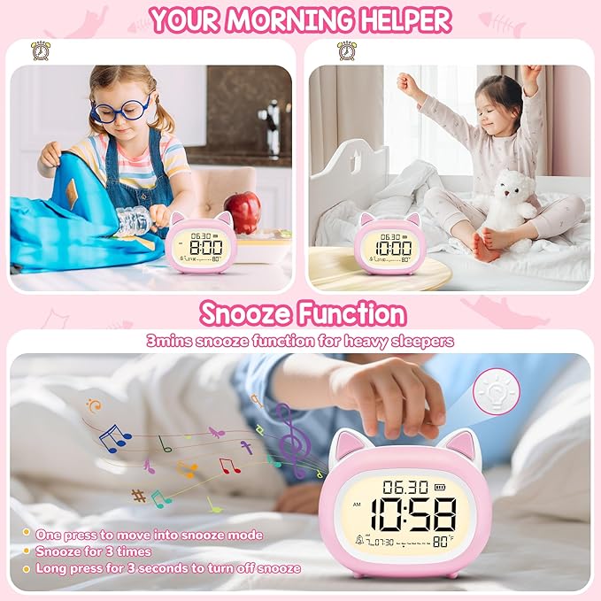 Kids Alarm Clock with Night Light for Kids, Small Digital Alarm Clocks for Bedrooms, Routine Builder, Cute Cat Alarm Clock with Sleep Training, Snooze, 12/24H, Date & Day, Temperature, USB Port