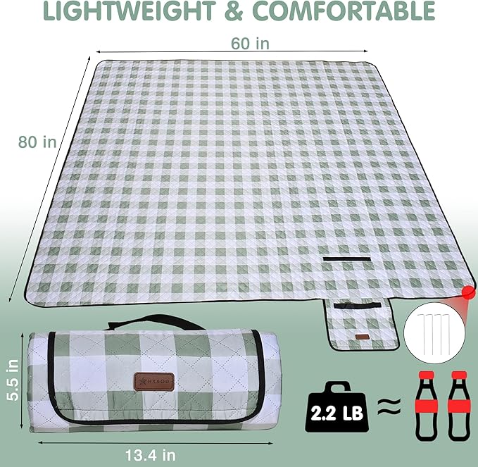 HX&OD Outdoor Picnic Blanket, Extra Large, 80''x60'' Waterproof Foldable Blankets Gingham Picnic Mat for Beach, Camping Grass Lawn Park Accessories Cute Couple Ideas Wedding (Green, 80”x60”)