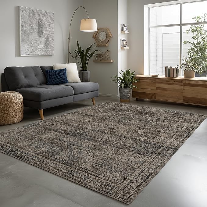 Washable Rugs 5x7 Area Rugs for Living Room, Thin Carpet for Bedroom, Soft Faux Wool Retro Dining Room Rug，Non Slip&Non-Shedding Resistant Low Pile Vintage Print Rug for Home Office (Brown)