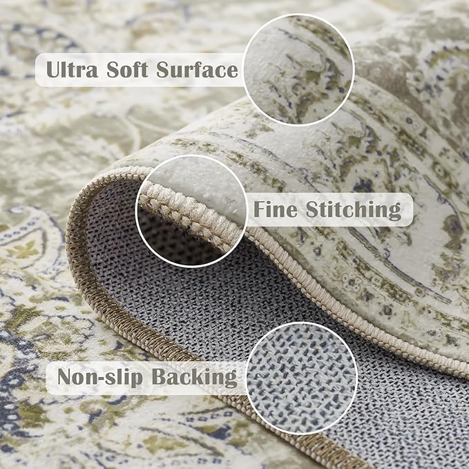 jinchan Washable Area Rug 8x10 for Living Room - Soft Faux Wool Ultra-Thin Stain Resistant Non-Slip Distressed Vintage Floral Large Carpet for Bedroom,Dining Room,Home Office,Nursery(Taupe, 8'x10')