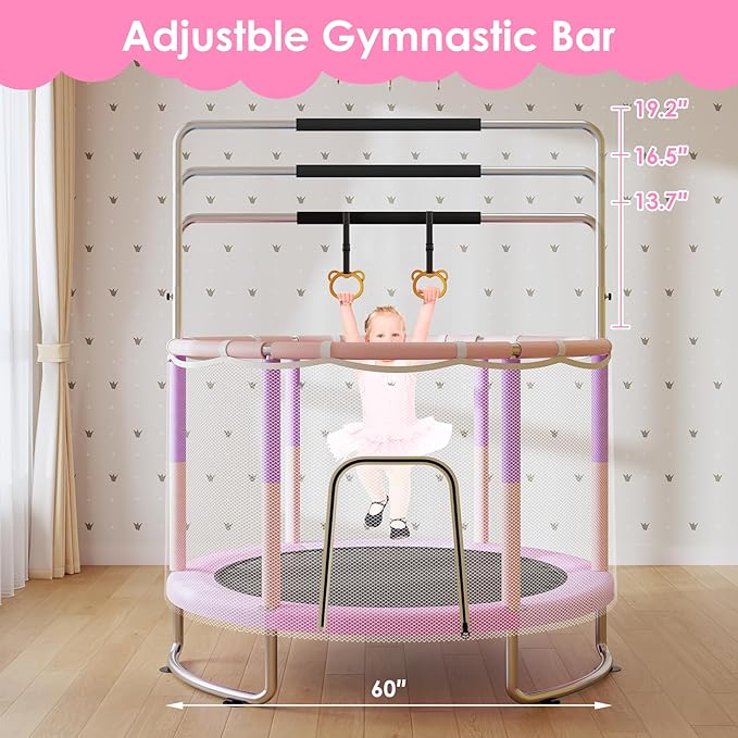 Trampoline for Kids, Upgrade Full Anti-Rust 440lbsToddler Trampoline with Net, Upgraded Ring Legs with Adjustable Gymnastics Bar&Toys, Gifts for Ages 1-8 Boys&Girls