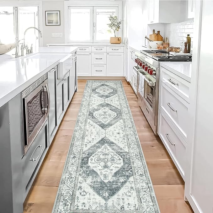 Lahome Boho Washable Kitchen Runner - 2x10 Extra Long Stain Resistant Non-Slip Stair Rug Lightweight Throw Floor Oriental Distressed Print Runner for Bedroom Entryway