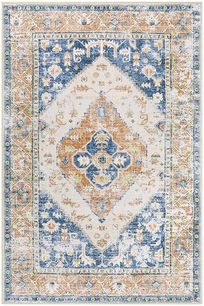 Lahome Boho Small Entryway Rug - 2x3 Non-Slip Washable Rugs for Kitchen Oriental Throw Ultra-Thin Area Rugs for Bedroom Accent Distressed Blue Floor Doormat Carpet for Bathroom Laundry Living Room