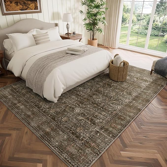 Washable 5x7 Area Rugs for Living Room, Boho Non-Slip Silicone Backing Rugs for Bedroom Dining Room Nursery Office, 0.3" Neutral Oriental Throw Carpet with 0.16" Cushioning Pad, Deep Brown/Multi