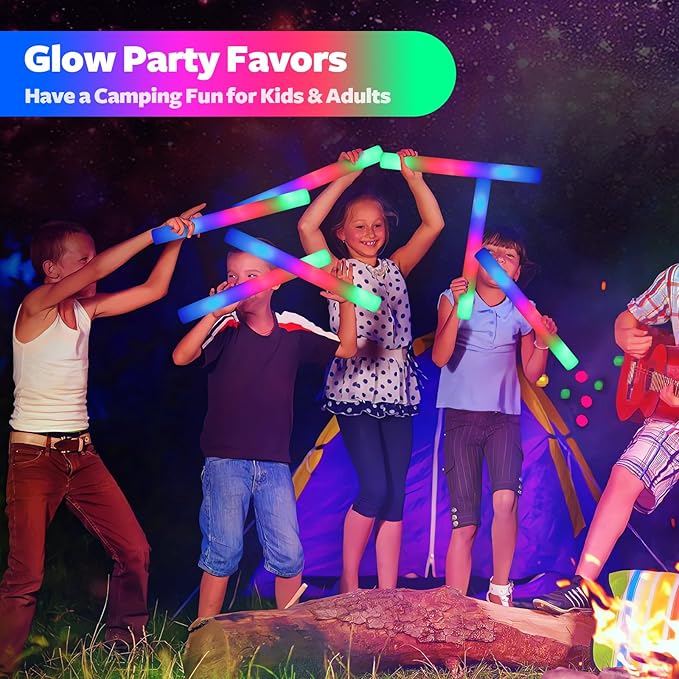 48 PCS LED Foam Glow Sticks Bulk, Glow in the Dark Party Supplies with 3 Modes Colorful Flashing, Neon Party Favors for Birthday, Wedding, Carnival, Concert, New Year