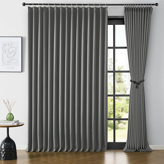 KEQIAOSUOCAI Grey Pinch Pleat Curtains & Drapes 105 Inches Long 2 Panels Set, Privacy Darkening Sound Dampening Window Treatment for Bedroom Vertical Draft Blackout Blinds for Living Room 100 by 105