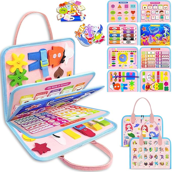 Exorany Busy Board Montessori Toys for Toddler Girl & Boy Birthday Gifts, Busy Book Learning Sensory Toys for Toddlers, Toddler Travel Toy Educational Activities Learn Fine Motor Skills