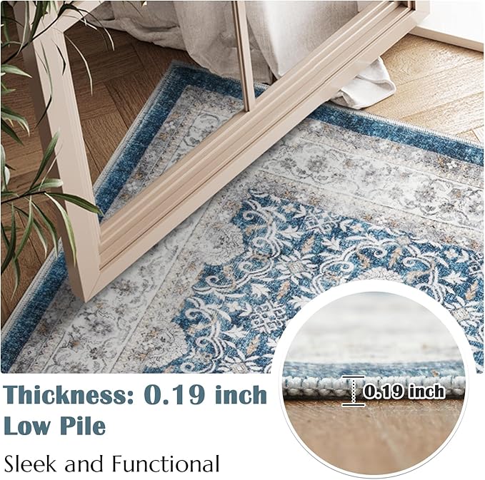 jinchan Floral Area Rugs 4x6 Machine Washable Vintage Distressed Boho Design Throw Rug Stain Resistant Carpet Low Pile Ultra-Thin Non-Slip for Bedroom Living Room Dining Room Kitchen(4‘x6',Drak Blue)