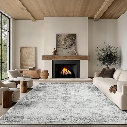 9x12 Area Rug Living Room Rugs - Washable Rug Large Modern Abstract Soft Thin Carpets Indoor Floor No Slip Vintage Carpet for Bedroom Under Dining Table Nursery Home Office Decor Gray