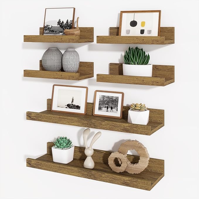Axeman Picture Ledge Shelf, Floating Shelves for Wall Storage Set of 6, 16 inch Floating Wall Mounted Shelves, Wall Shelves with Lip for Living Room, Bedroom, Nursery, Bathroom, Kitchen, Rustic Brown