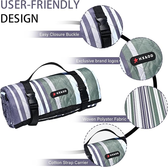 HX&OD Outdoor Picnic Blanket Extra Large, 80''*80' Waterproof Picnic Mat with Stakes Foldable Camping Blanket Portable with Carry Strap for Beach Mat (Green, 80''*80'')