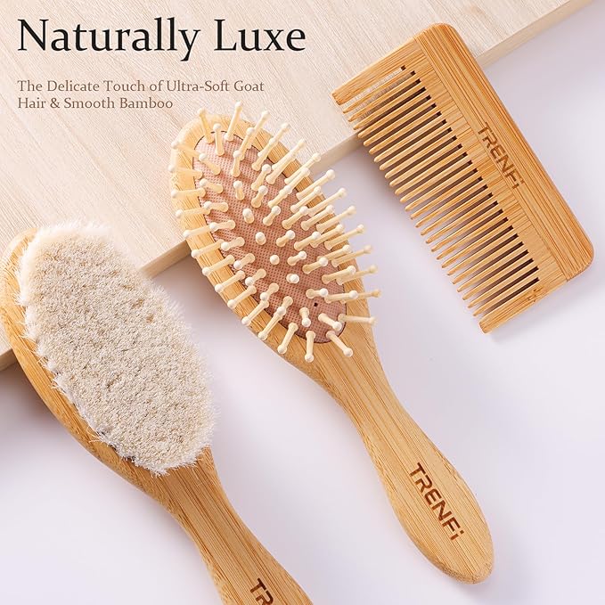 Bamboo Baby Brush and Comb Set (3-Piece) | Ultra-Soft Goat Bristle Newborn Hair Brush for Gently Soothing Cradle Cap | Natural Massage Brush & Toddler Comb | Perfect Baby Registry & Shower Gift