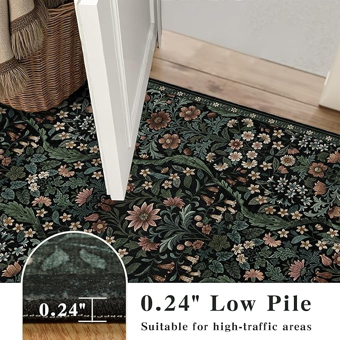 2x6 Washable Runner Rug,Black Floral Boho Area Rug for Hallway,Low-Pile Non-Slip Stain Resistant Carpet for Kitchen, Bedside,Laundry Room,Entryway