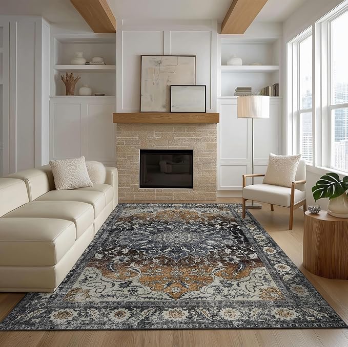 4x6 Washable Area Rug for Living Room, Carpet for Bedroom, Soft Faux Wool Retro Dining Room Rug, Non Slip&Non-Shedding Resistant Low Pile Vintage Print Rug for Home Office (Tan/Gray)