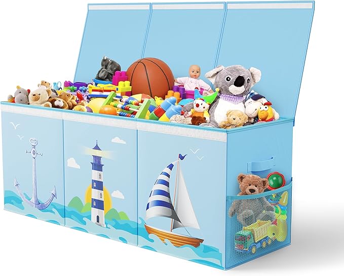 Extra Large Collapsible Sturdy Toy Storage Organizer with Lids, Ocean Theme Toy Box for Boys & Girls, 40"x16"x16", Modern, Blue