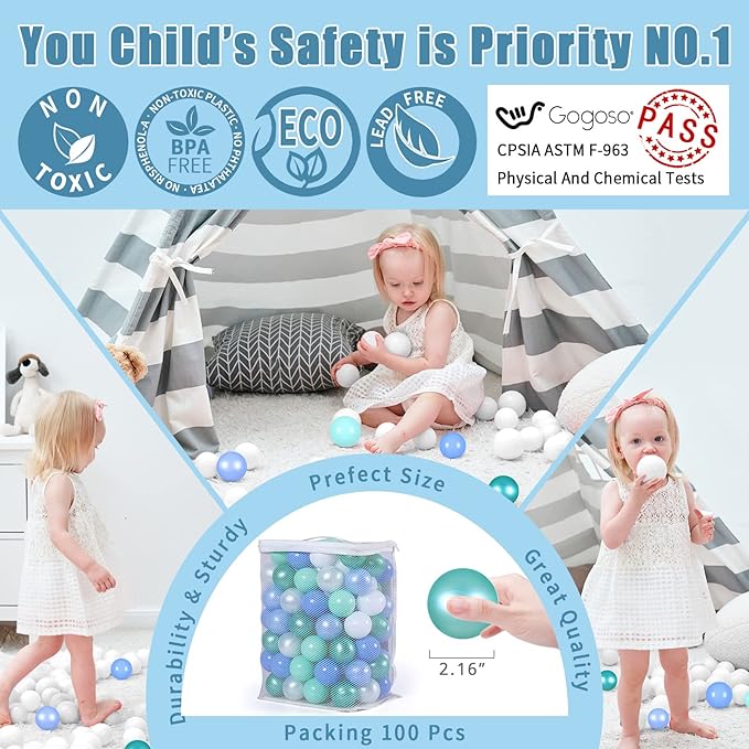 GOGOSO Ball Pits Balls for Toddlers Pack of 50 100 200 Plastics Shape Ball Non-Phthalate Non-BPA Non-Toxic 2.2-Inch Crush Proof Play Balls